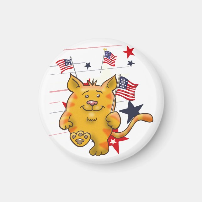 Imán Cartoon Cat with American Flag (Frente)