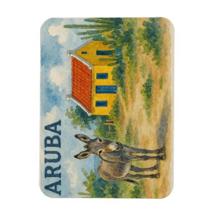 Imán Casa cunucu amarilla de Aruba con burro acuarela
