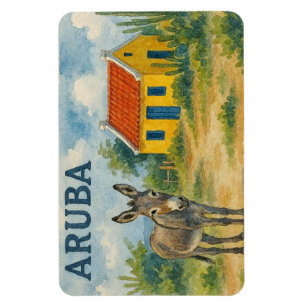 Imán Casa cunucu amarilla de Aruba con burro acuarela