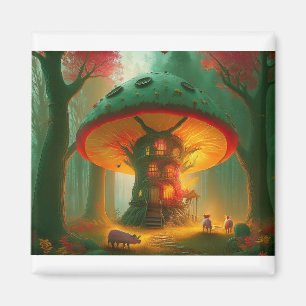 Imán Casa de árbol de hongo de fantasía con cerdos