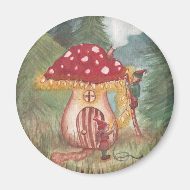 Imán Casa de los gnomos de vacaciones y hongos (Frente)