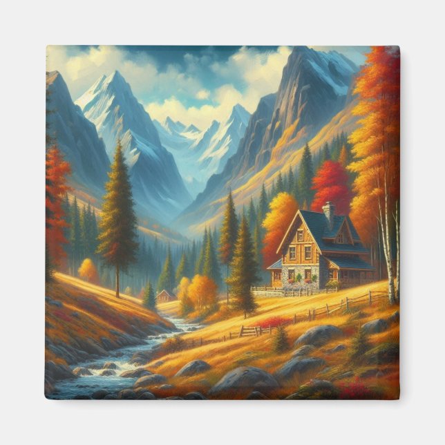Imán Casa de montaña rústica y río de otoño (Frente)