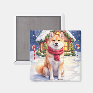 Imán Casa de pan de jengibre Akita acuarela Navidad