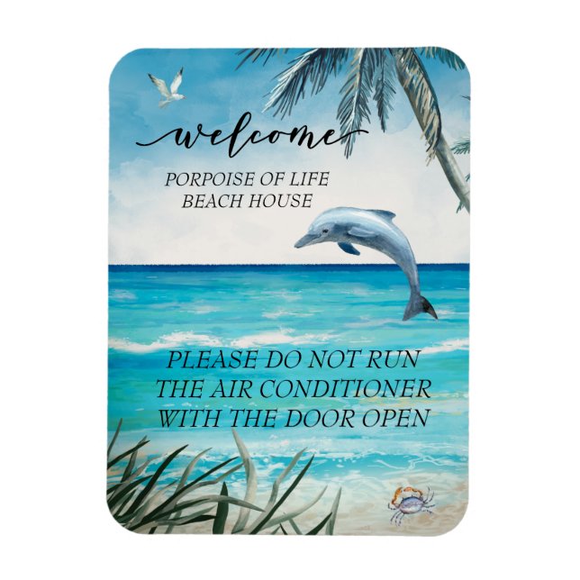 Imán Casa de playa de acuarela de bienvenida delfín  (Vertical)