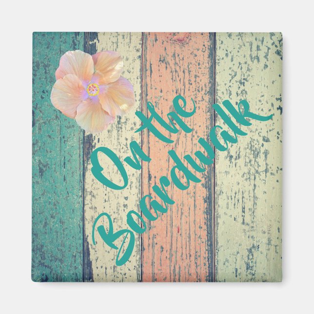 Imán Casa de playa de madera pintada a rayas oceánicas (Frente)