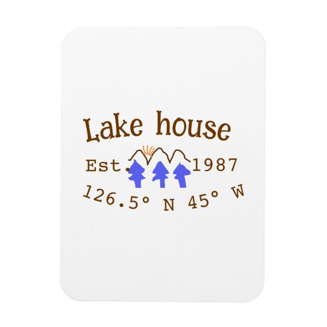 Imán Casa del lago. Fecha año personalizado coordenadas (Vertical)
