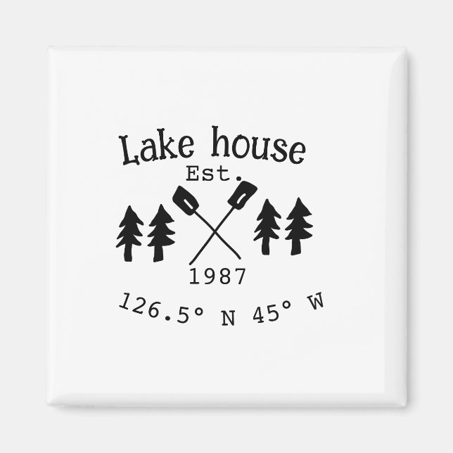 Imán Casa del lago. Fecha año personalizado coordenadas (Frente)