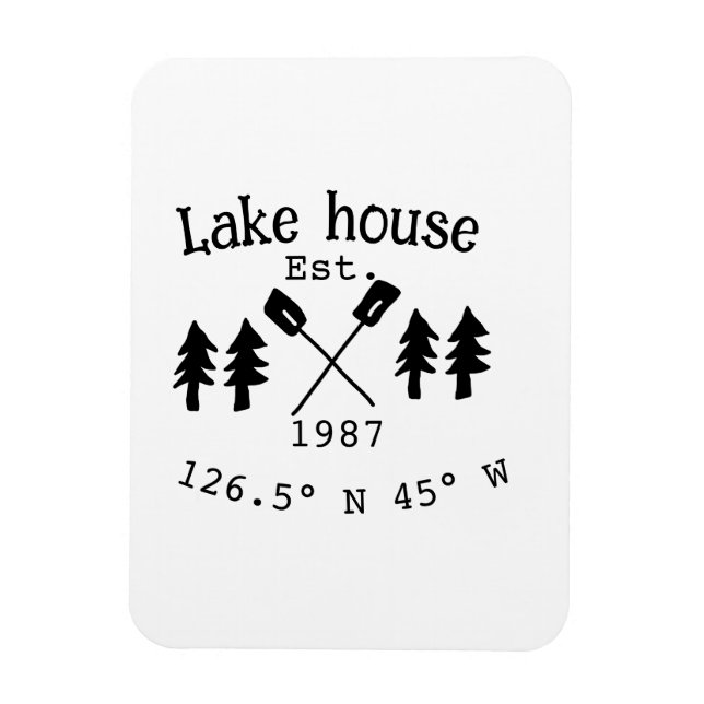 Imán Casa del lago. Fecha año personalizado coordenadas (Vertical)