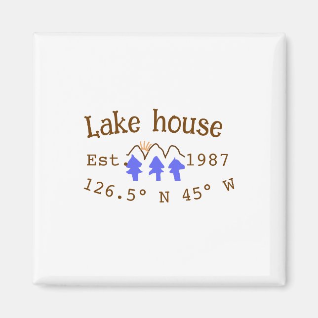 Imán Casa del lago. Fecha año personalizado coordenadas (Frente)