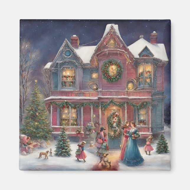 Imán Casa victoriana, damas, niños en Navidades (Frente)