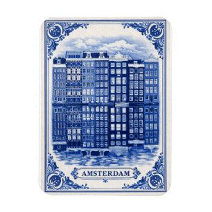 Imán casas del canal de Ámsterdam estilo Delft Blue imá