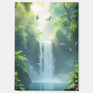 Imán cascada con pájaros volando sobre ella