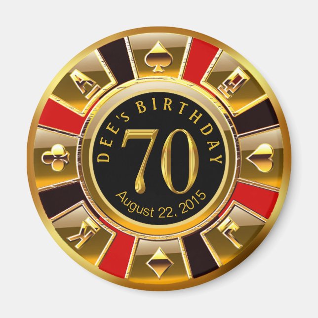 Imán Casino de Vegas Chip 70 cumpleaños | negro dorado  (Frente)