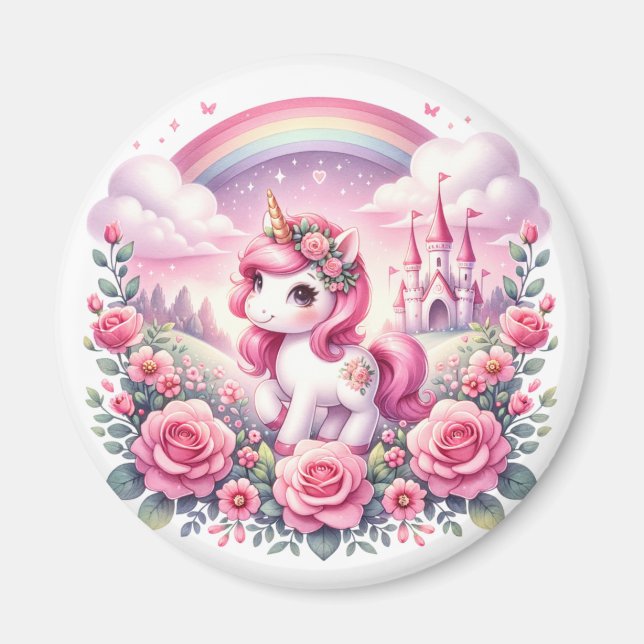 Imán Castillo de Unicornio rosa y cuento de hadas (Frente)