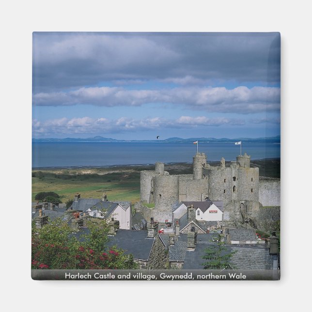 Imán Castillo y pueblo de Harlech, Gwynedd, Wale septen (Frente)