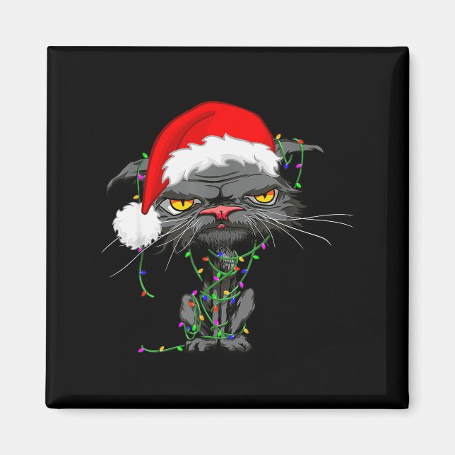 Imán Cat Christmas Lights Bored Cat Santa Hat Funny Cat (Frente)