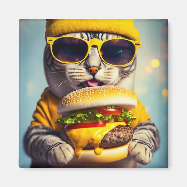 Imán CAT CON CHEESEBURGER FUNNY FRIDGE Magnet (Frente)