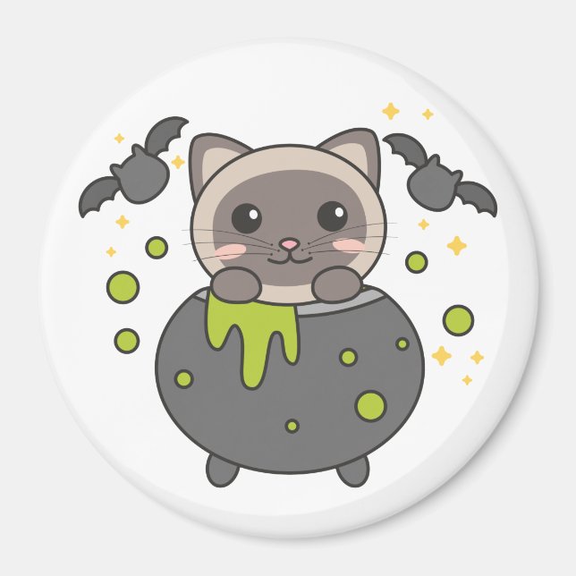 Imán Cat Happy Halloween Cauldron Bat (Frente)