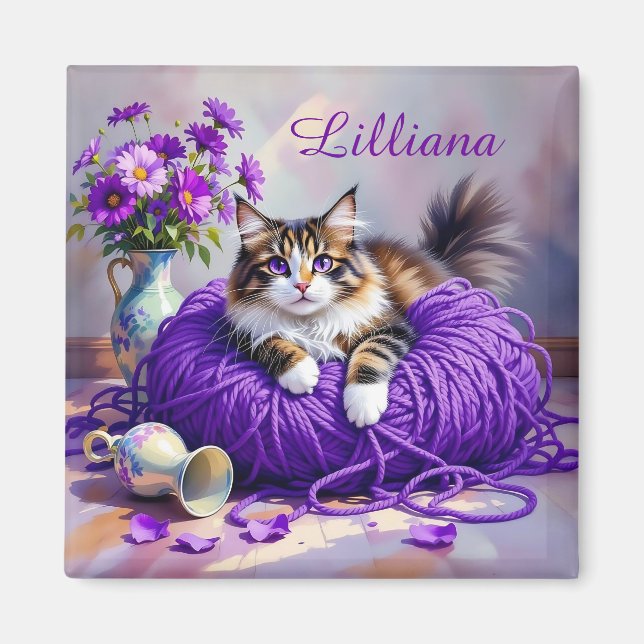 Imán Cat  in Purple Yarn and Flowers Personalized (Frente)