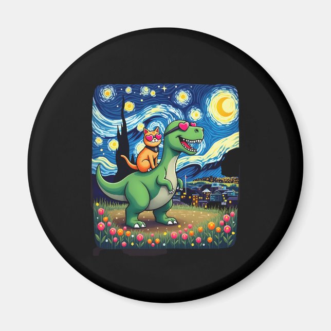Imán Cat Riding Dinosaur T-Rex Starry Night Cat Lover ( (Frente)