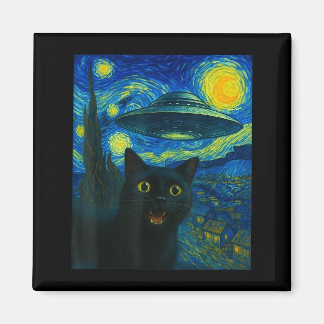 Imán Cat Selfie With Alien Ufo Night Van Gogh Men Women (Frente)