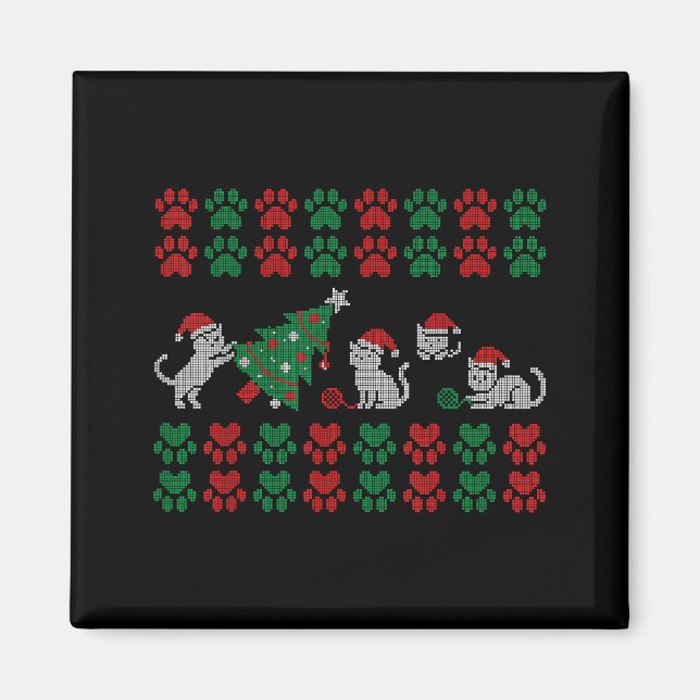 Imán Cat Ugly Sweater Pattern Christmas Knitting  (Frente)