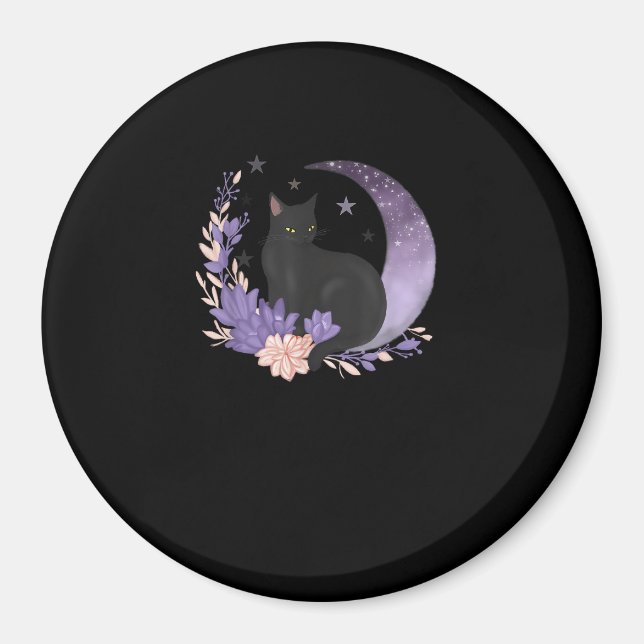 Imán Cat Witchy Moon Flowers Pastel Goth Goblincore (Frente)