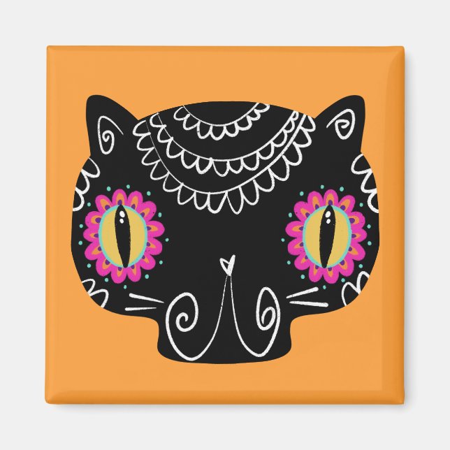 Imán Catrina de gato de cráneo de azúcar Día de los mue (Frente)