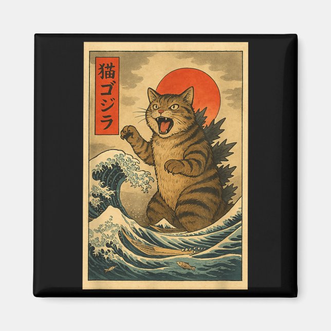 Imán Catzilla Cat Japanese Art Funny Cat For Men Women  (Frente)