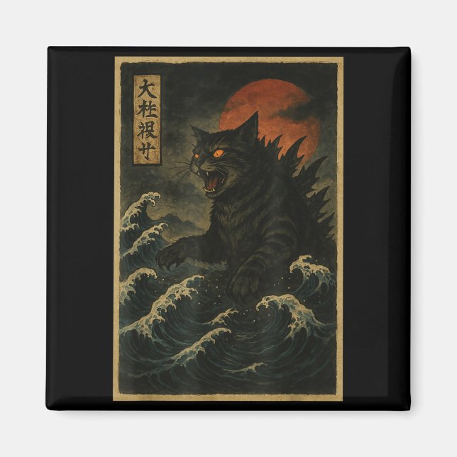 Imán Catzilla Cat Japanese Art Funny Cat For Men Women  (Frente)
