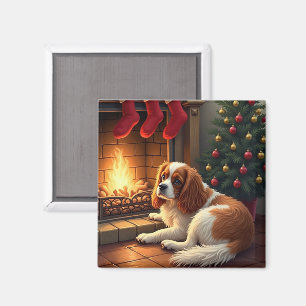 Imán Cavalier King Charles junto a la chimenea Navidad