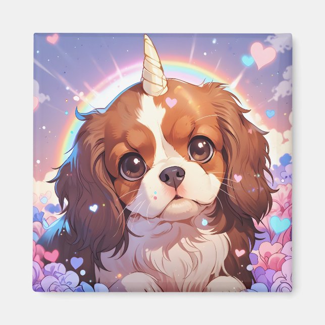 Imán Cavalier King Charles Pastel Unicorn Cielo arcoiri (Frente)