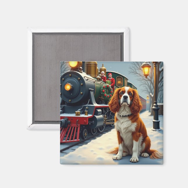 Imán Cavalier King Charles Spaniel Christmas Train (Anverso/Reverso)
