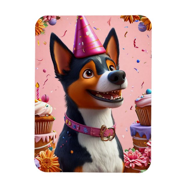 Imán Celebración de cumpleaños con perro feliz (Vertical)