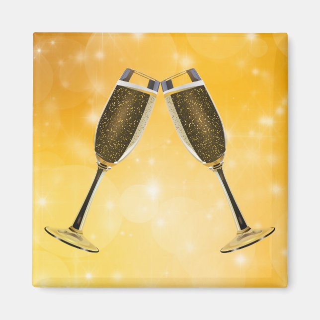 Imán Celebración de gafas de champán sobre oro esparcid (Frente)
