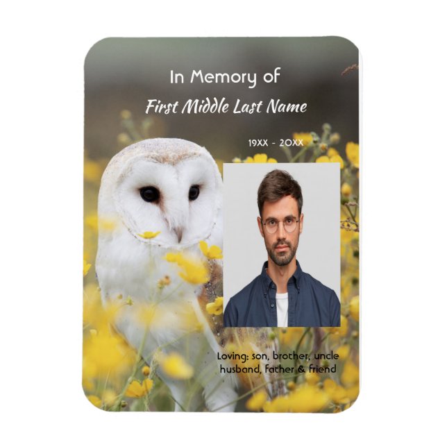 Imán Celebration of Life Service Photo Barn Owl Bird  (Vertical)