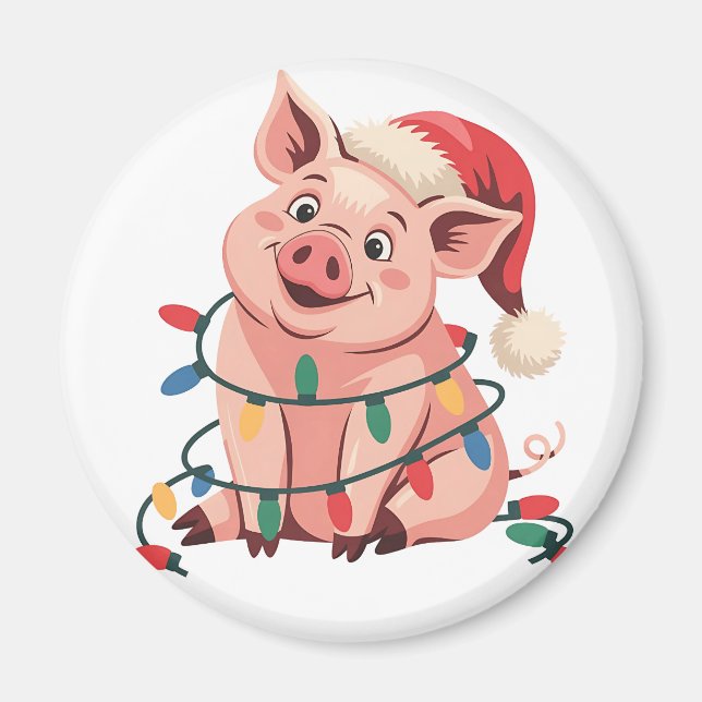 Imán Cerdo de luces de Navidad que lleva sombrero de Na (Frente)