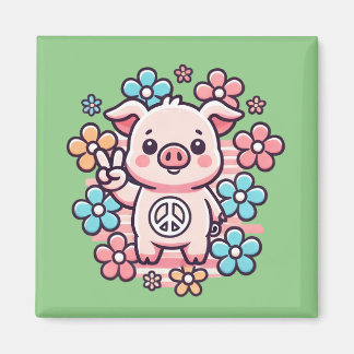 Imán Cerdo lindo con signo de paz y flores temáticas de