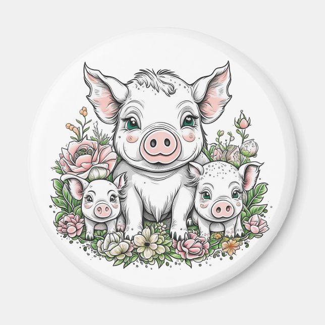 Imán Cerdos de mamá y lechones en flores (Frente)