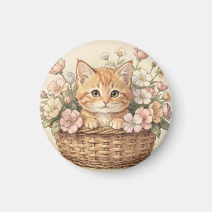 Imán Cesta de flores con adorable gatito ginger