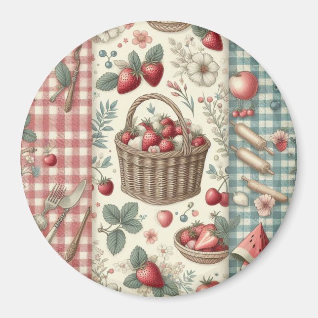 Imán Cesta de Frutas Gingham Diversión (Frente)