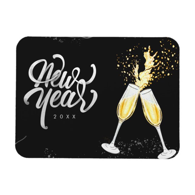 Imán Champagne Gold Black Wine Glass Confetti Moderno (Horizontal)