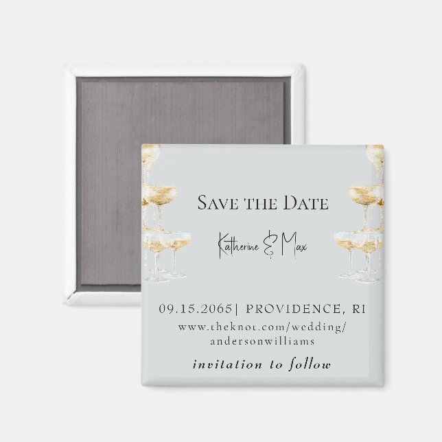 Imán Champagne Tower Icy Blue Wedding Save the Date (Anverso/Reverso)