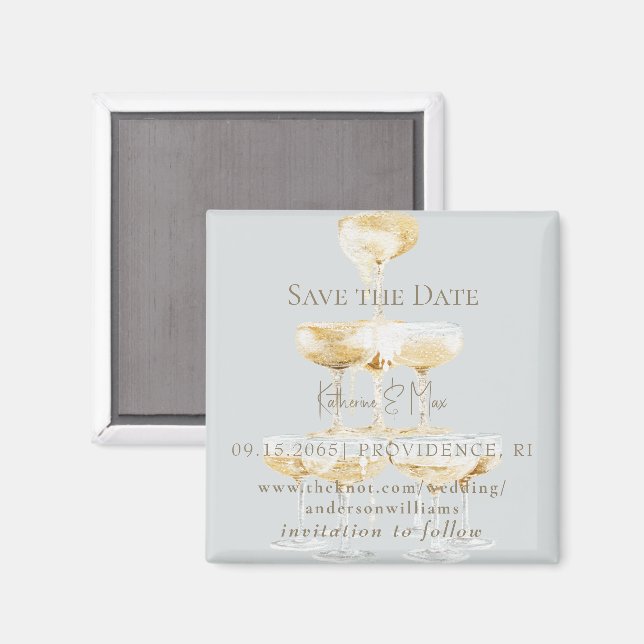 Imán Champagne Tower Icy Blue Wedding Save the Date II (Anverso/Reverso)