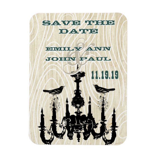 Imán Chandelier Love Birds Wood Grain Save the Date (Vertical)