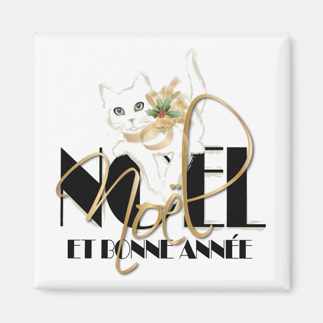 Imán Chat Blanc, Noël y Bonne Année (Frente)