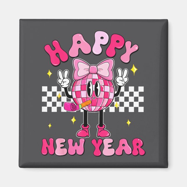 Imán Checkered Happy New Year 2026 Disco Ball New Year  (Frente)