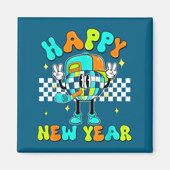 Imán Checkered Happy New Year 2026 Disco Ball New Year  (Frente)