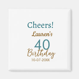 Imán Cheers 40th birthday name date brown turquoise sim