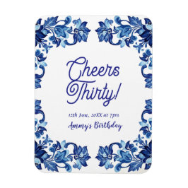 Imán Cheers thirty birthday royal blue floral border na